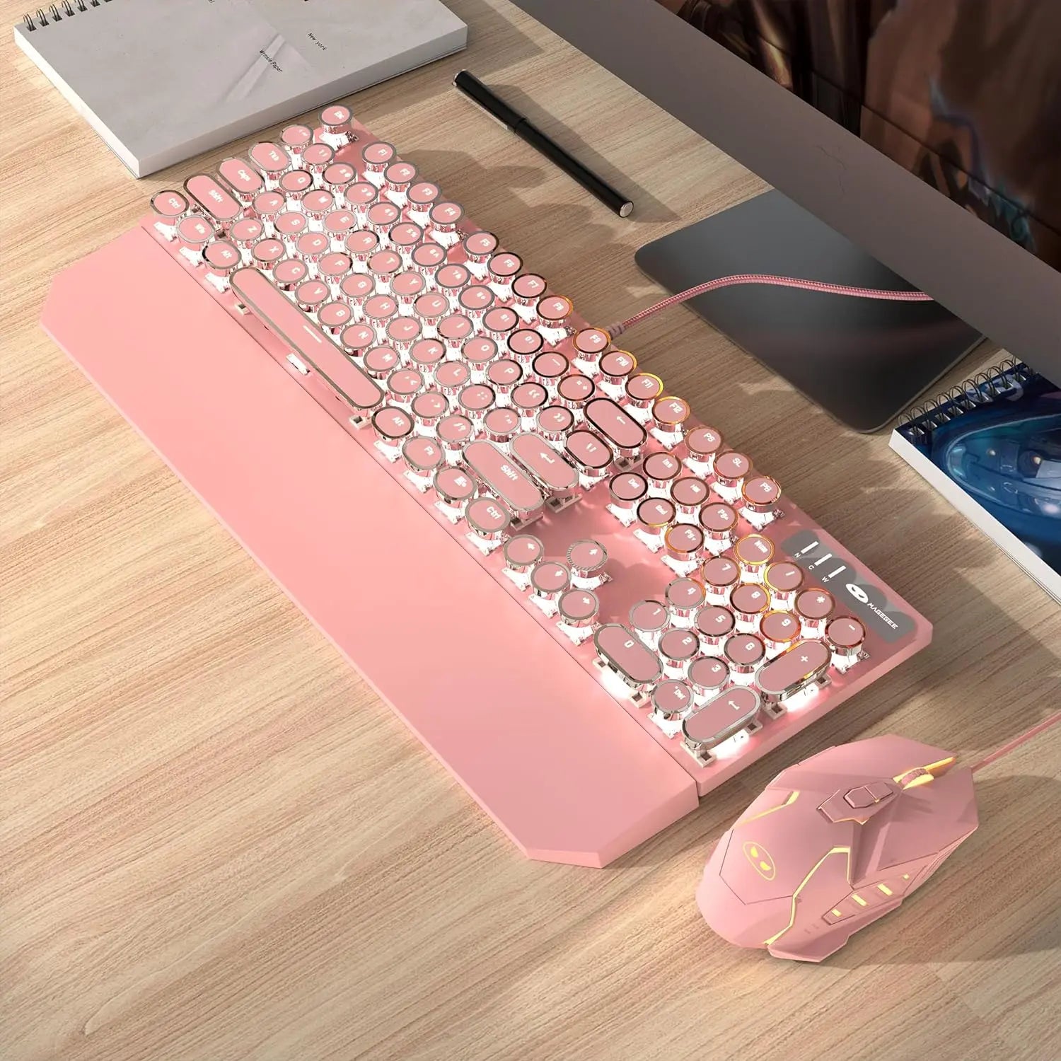 Typewriter Mechanical Gaming Keyboard and Mouse Combo, Retro Punk Round Keycaps RGB Rainbow Backlit Wired Keyboard for Gamer