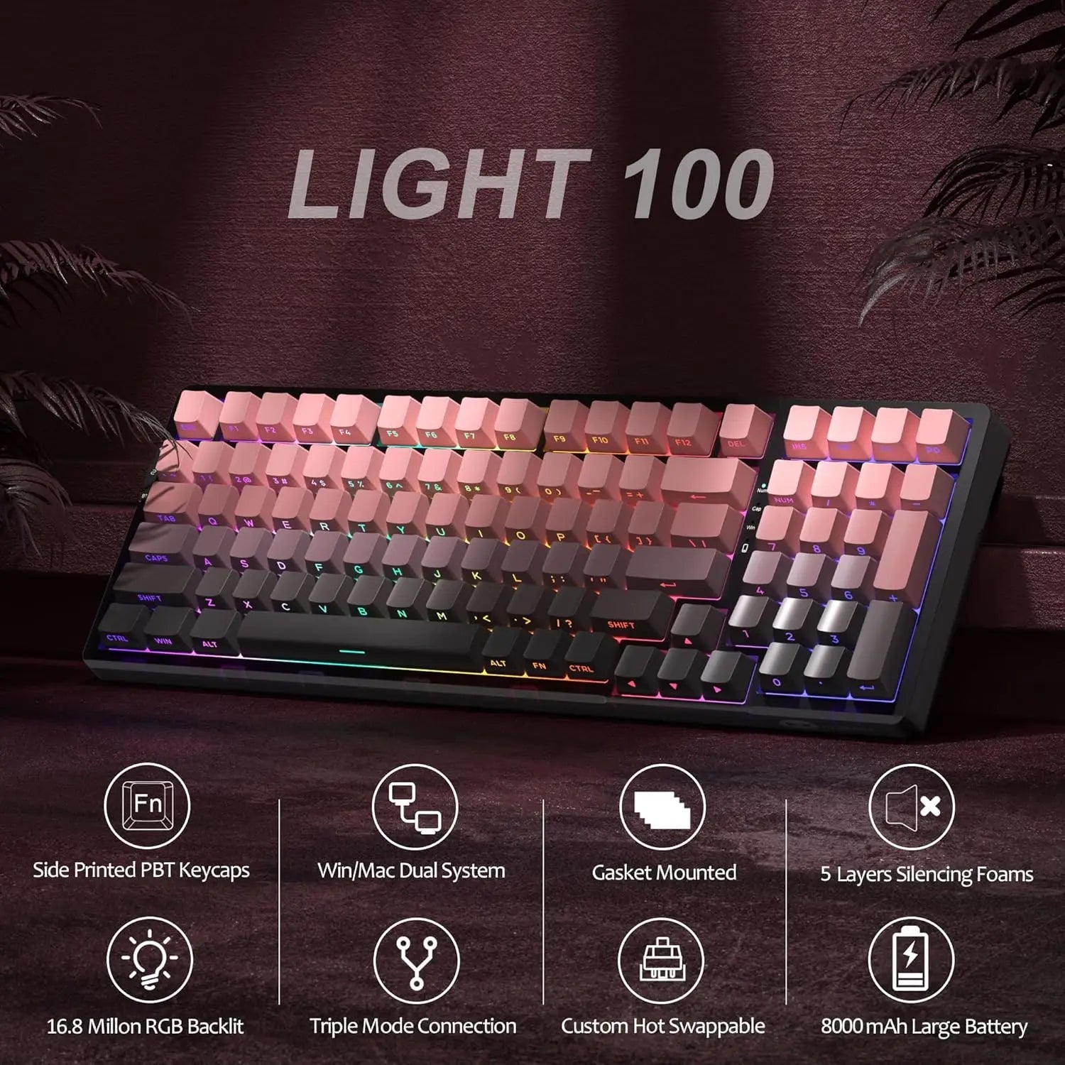MageGee LIGHT100 Wireless Creamy Keyboard, Gasket Structure Hot Swappable, Tri-Mode 2.4G/USB-C/BT5.0 RGB Backlit Mechanical Gami