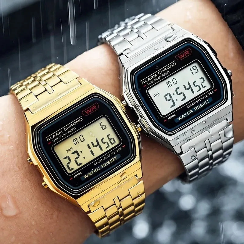 Punk Style Men's Metal Block Watch Waterproof Sports Student Electronic Watch Gold Silver Watch