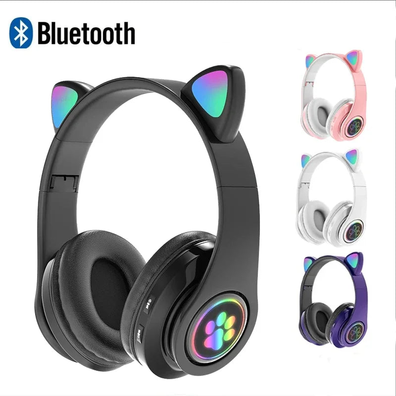 Light Cute Cat Ear Bluetooth Headphones Earphones With MIC Support TF Card  Wireless Headsets Headset For Kids Girl Gifts