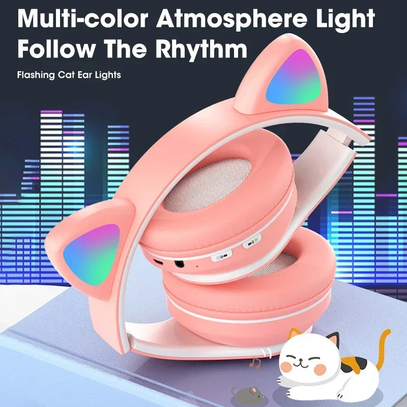 Light Cute Cat Ear Bluetooth Headphones Earphones With MIC Support TF Card  Wireless Headsets Headset For Kids Girl Gifts