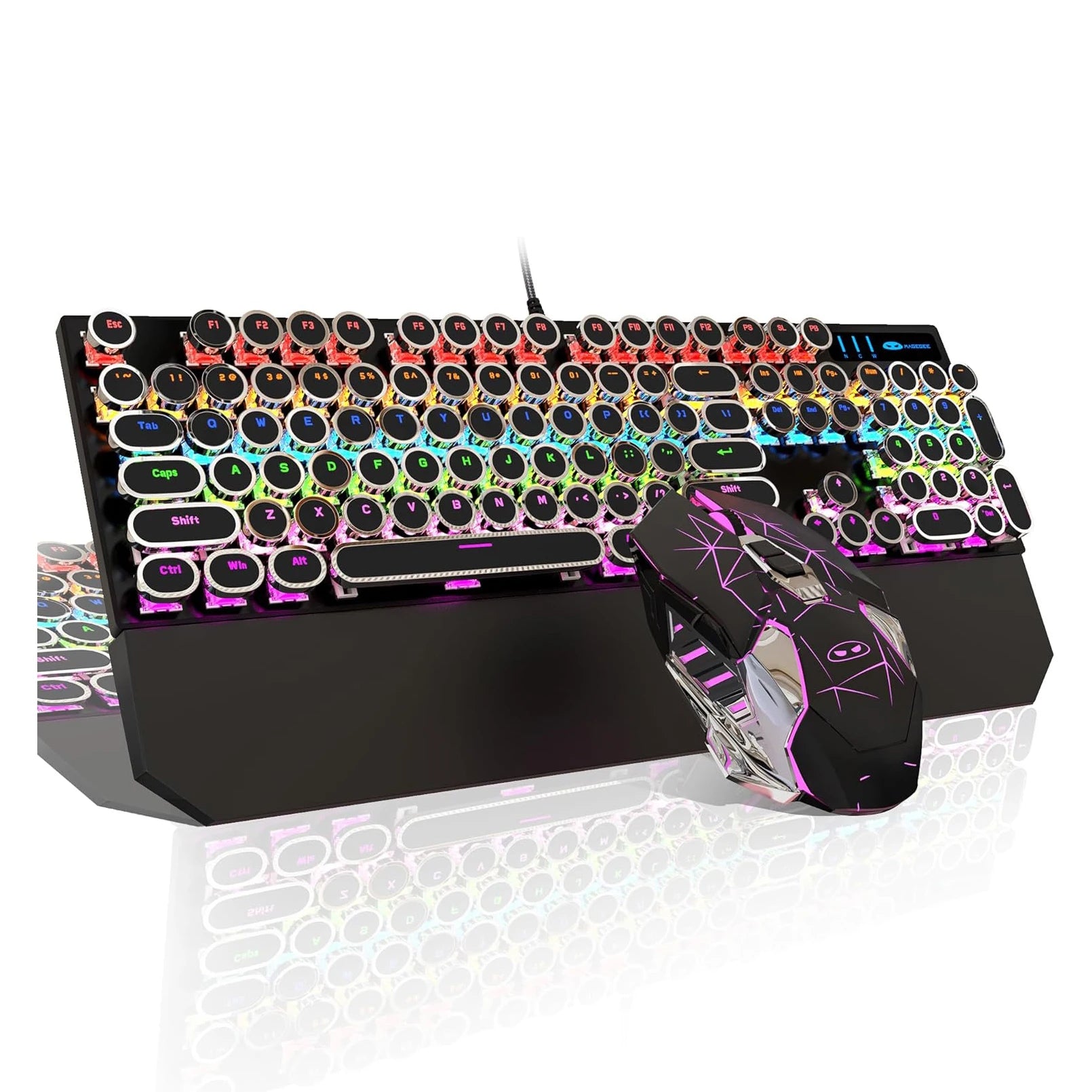 Typewriter Mechanical Gaming Keyboard and Mouse Combo, Retro Punk Round Keycaps RGB Rainbow Backlit Wired Keyboard for Gamer