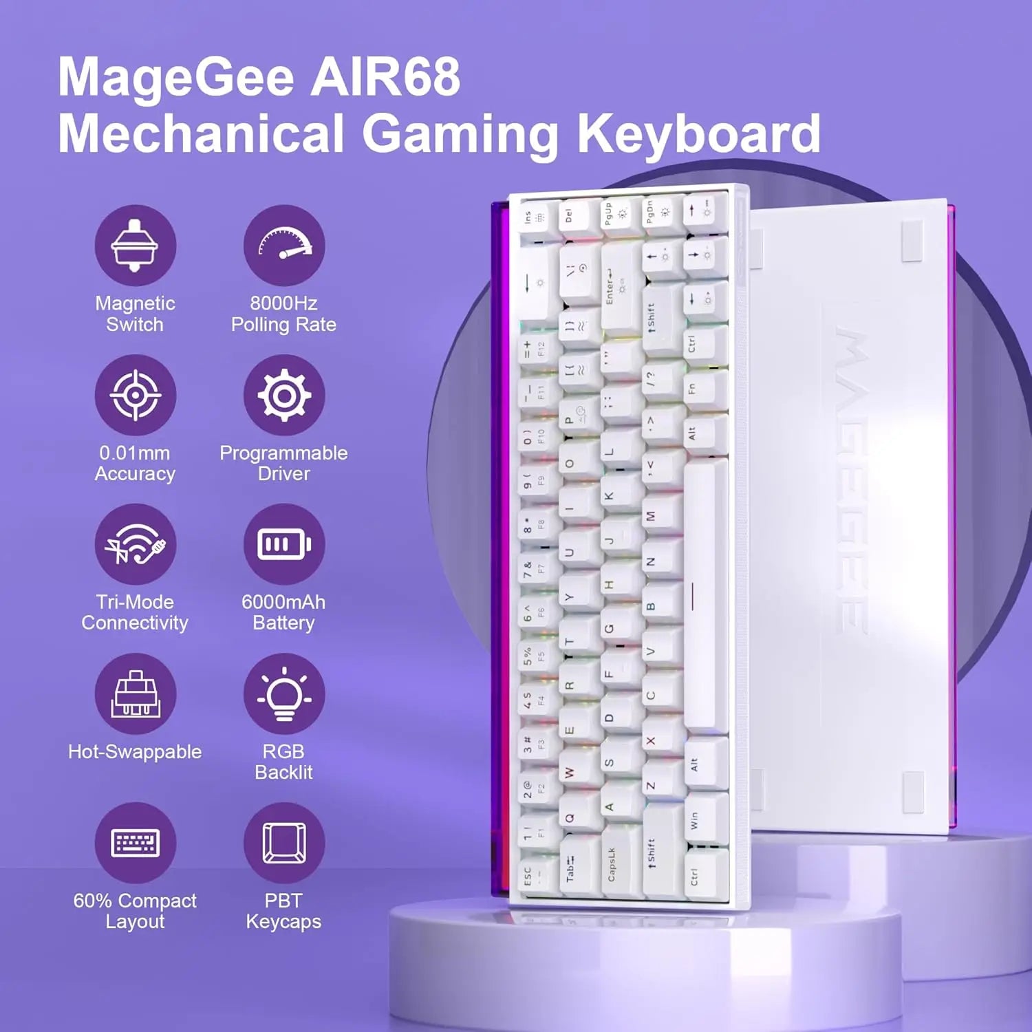 MageGee AIR68 Wireless Hall Effect Gaming Keyboard, 60% RGB Magnetic Switch Keyboard with Rapid Trigger, Adjustable Actuation