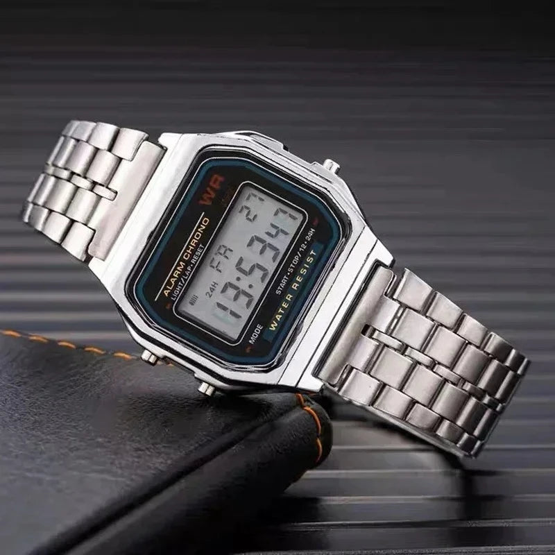 Punk Style Men's Metal Block Watch Waterproof Sports Student Electronic Watch Gold Silver Watch