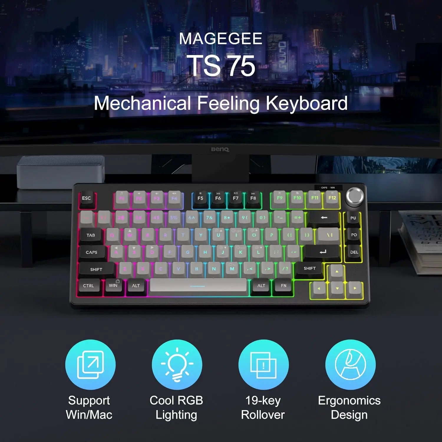 MageGee Mini 60% Gaming Keyboard, RGB Backlit 75 Key Ultra-Compact Keyboard, TS75 Ergonomic Waterproof Mechanical Feeling Office