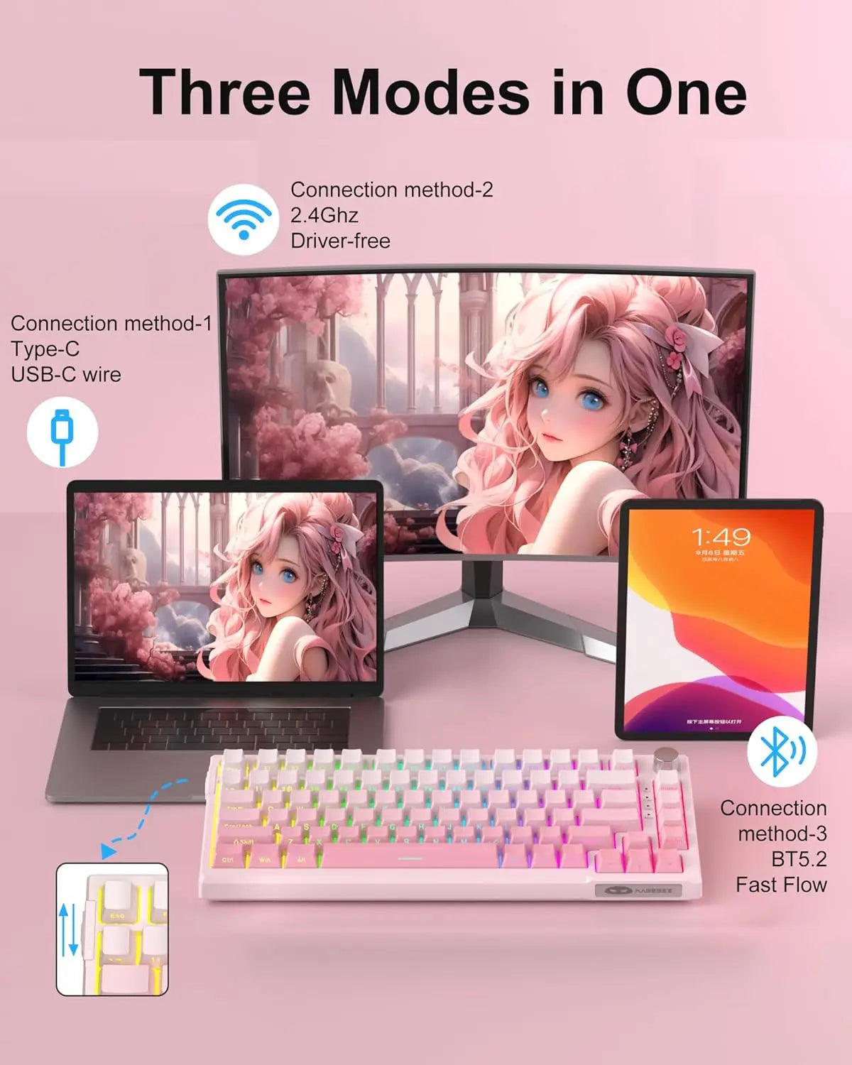 MageGee SKY81 75% Wireless Gasket Mechanical Gaming Keyboard, Hot Swappable RGB w/ 5-Layer Padding, BT/2.4G/USB-C, Knob Control