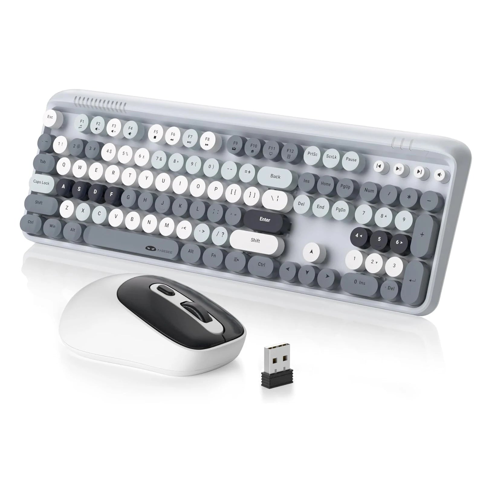 MageGee Wireless Keyboard and Mouse Combo Round keycaps Retro Typewriter Keyboard 104 Key Full-Sized Keyboard Automatic Power Sa