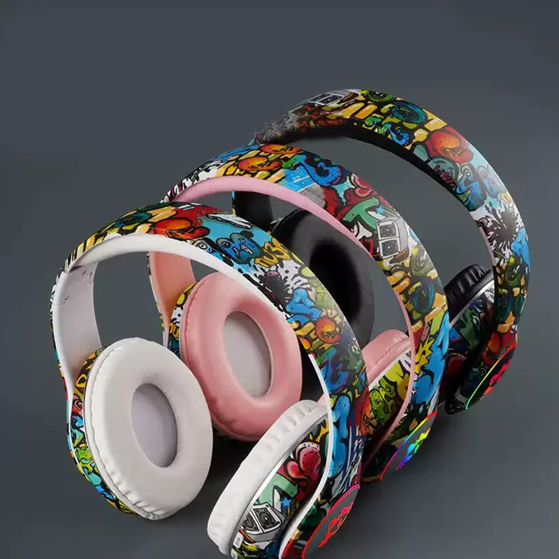 Graffiti Wireless Headphones  LED Light Bluetooth Headsets Game Doodle Earphones Mic For Kids Boy Girl Gifts Support TF Card