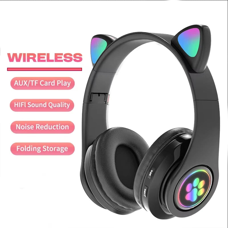 Light Cute Cat Ear Bluetooth Headphones Earphones With MIC Support TF Card  Wireless Headsets Headset For Kids Girl Gifts