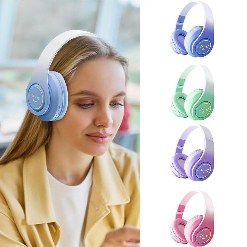 Gradient Color Bluetooth Headphones Foldable Head-Mounted Gaming Headphones LED Flashing Light Noise Cancelling Headset