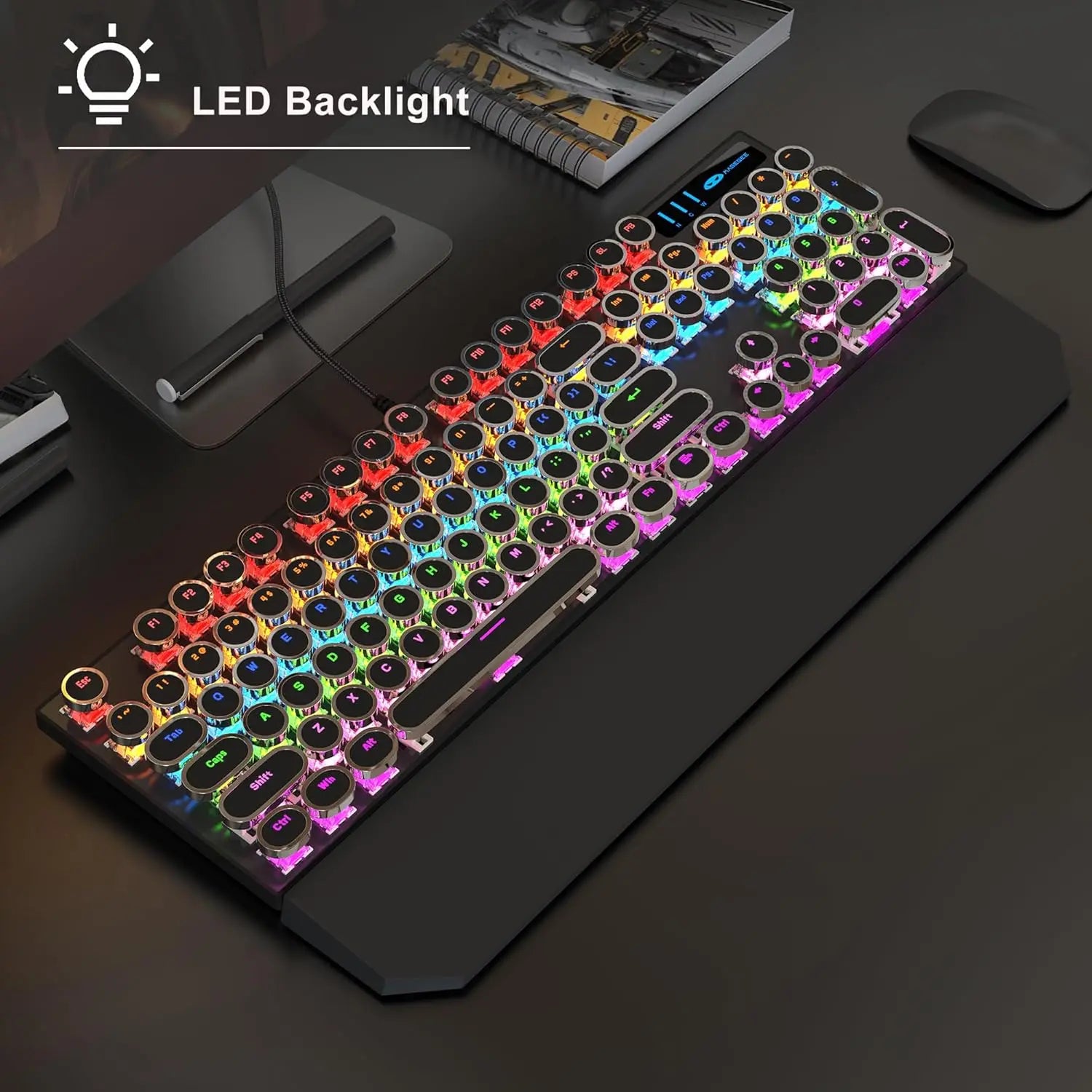 MageGee Typewriter Mechanical Gaming Keyboard, Retro Black Punk Round Keycaps RGB Rainbow Backlit Wired Keyboards for Laptop MAC