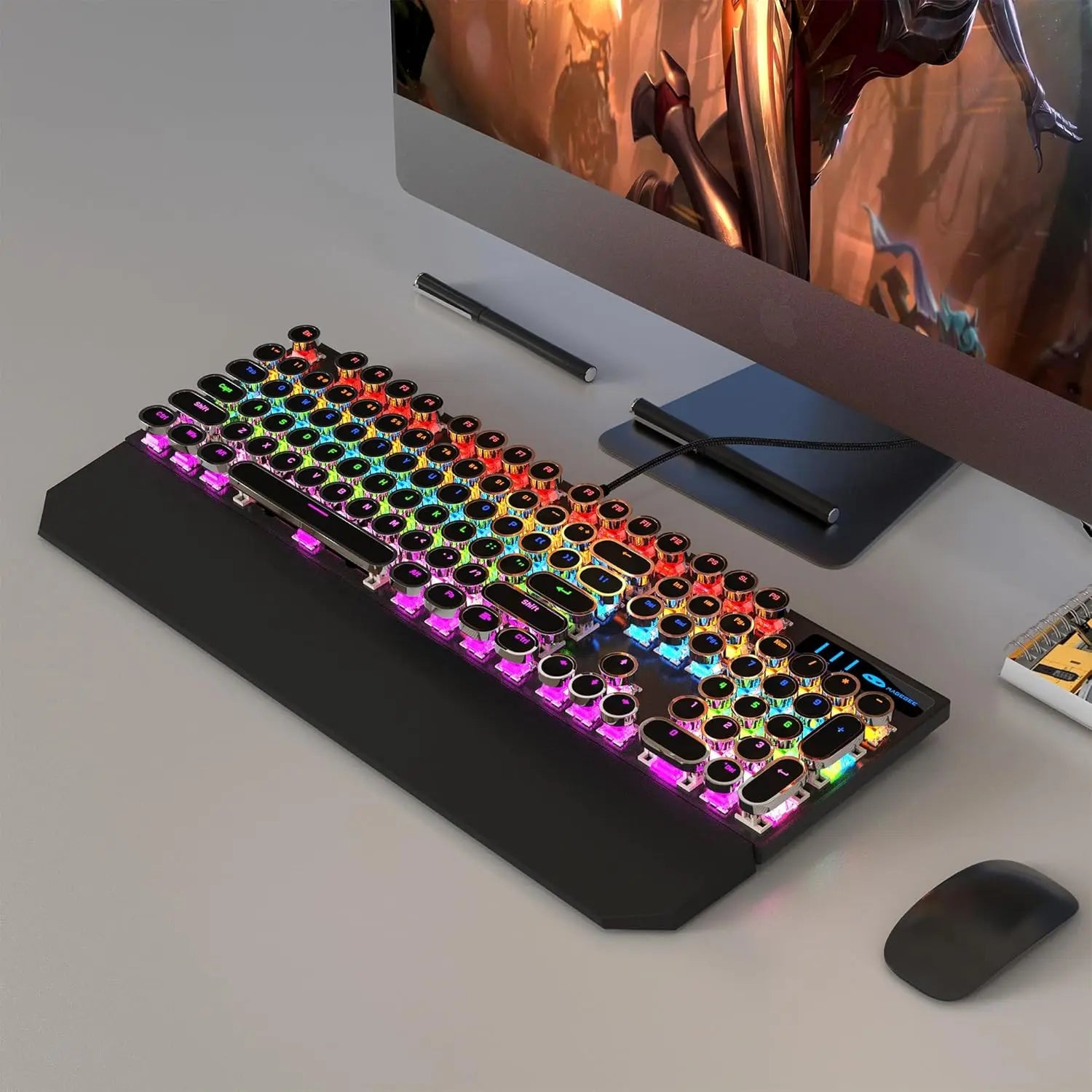 MageGee Typewriter Mechanical Gaming Keyboard, Retro Black Punk Round Keycaps RGB Rainbow Backlit Wired Keyboards for Laptop MAC