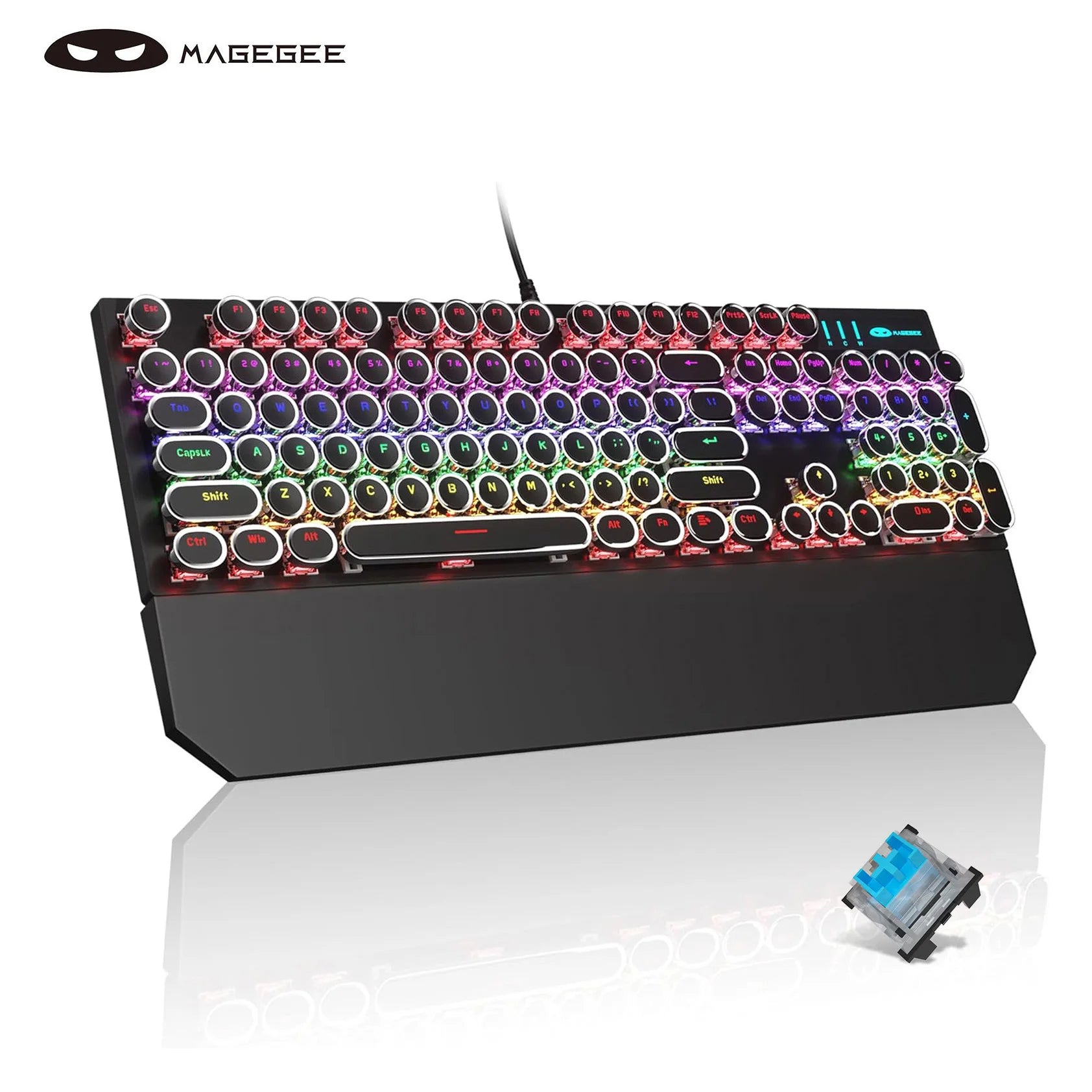 MageGee Typewriter Mechanical Gaming Keyboard, Retro Black Punk Round Keycaps RGB Rainbow Backlit Wired Keyboards for Laptop MAC