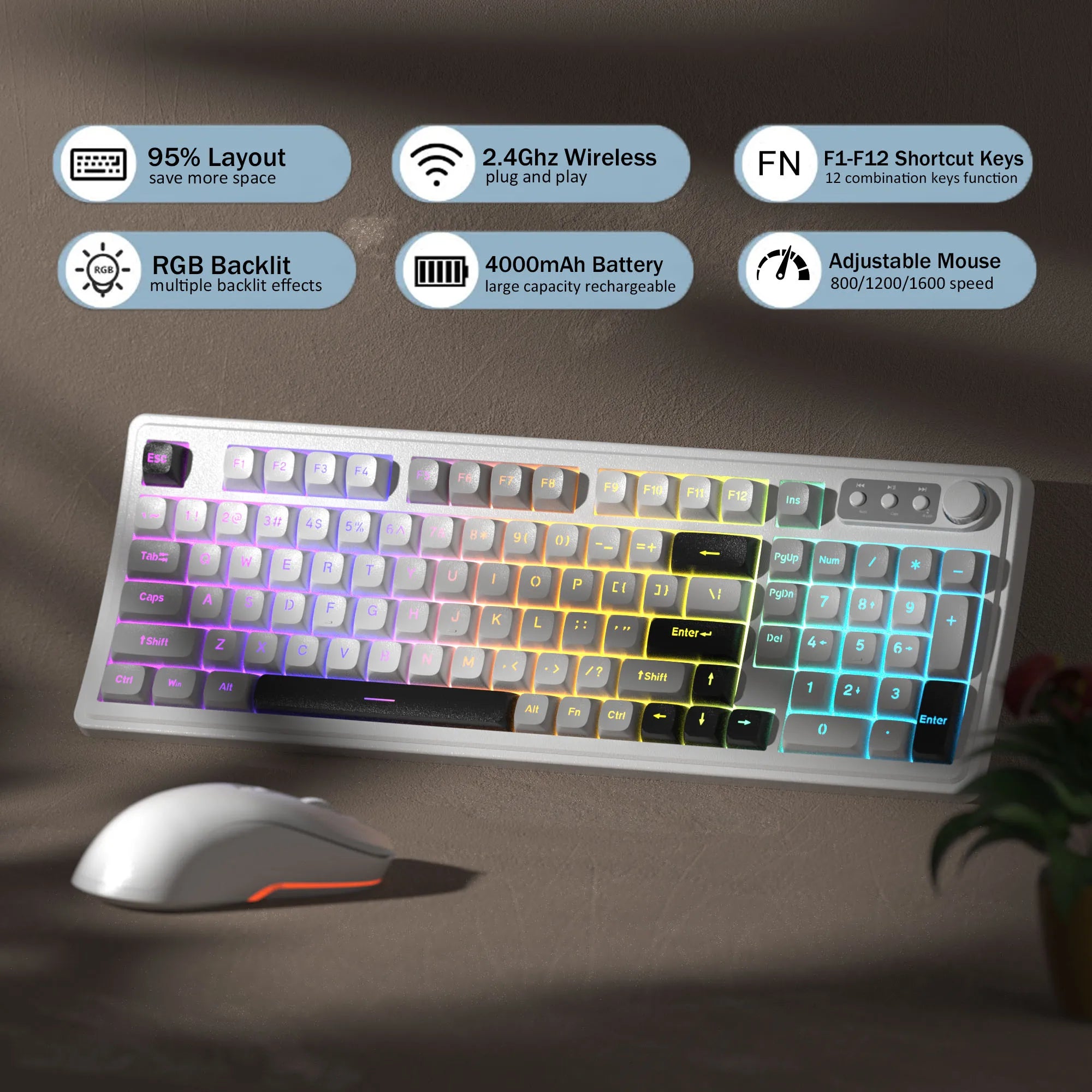 MageGee V990 Creamy Wireless Keyboard and Mouse Combo, 99 Keys RGB Backlit Rechargeable Quiet Gaming Keyboard, Adjustable Optica