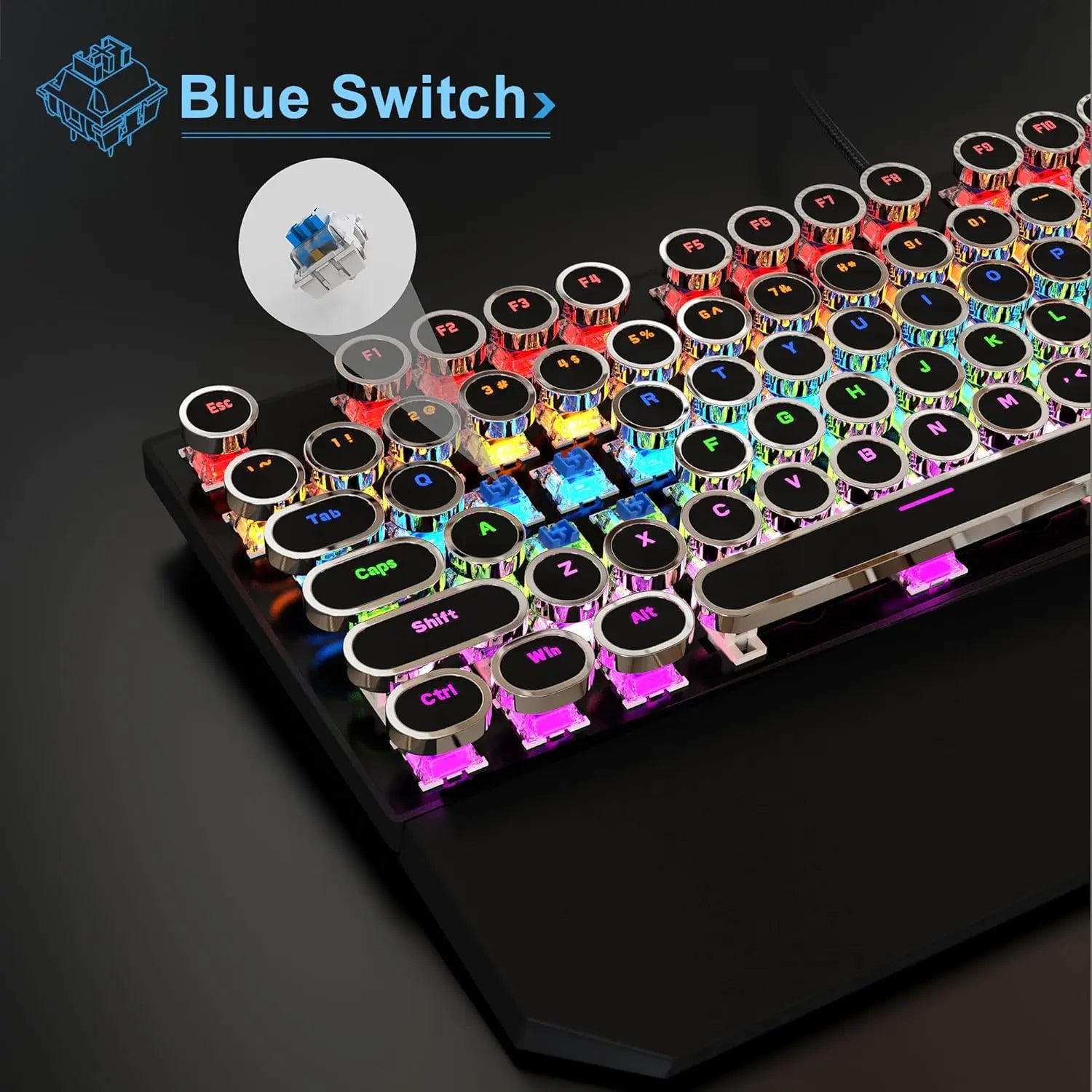 MageGee Typewriter Mechanical Gaming Keyboard, Retro Black Punk Round Keycaps RGB Rainbow Backlit Wired Keyboards for Laptop MAC