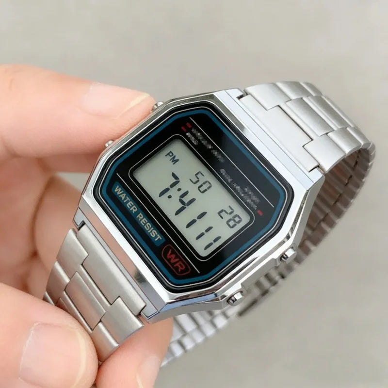 Punk Style Men's Metal Block Watch Waterproof Sports Student Electronic Watch Gold Silver Watch